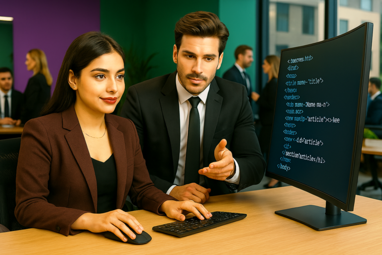 Digital Overall Web Development illustration showcasing responsive website design, HTML/CSS coding, SEO optimization, and user-friendly interfaces