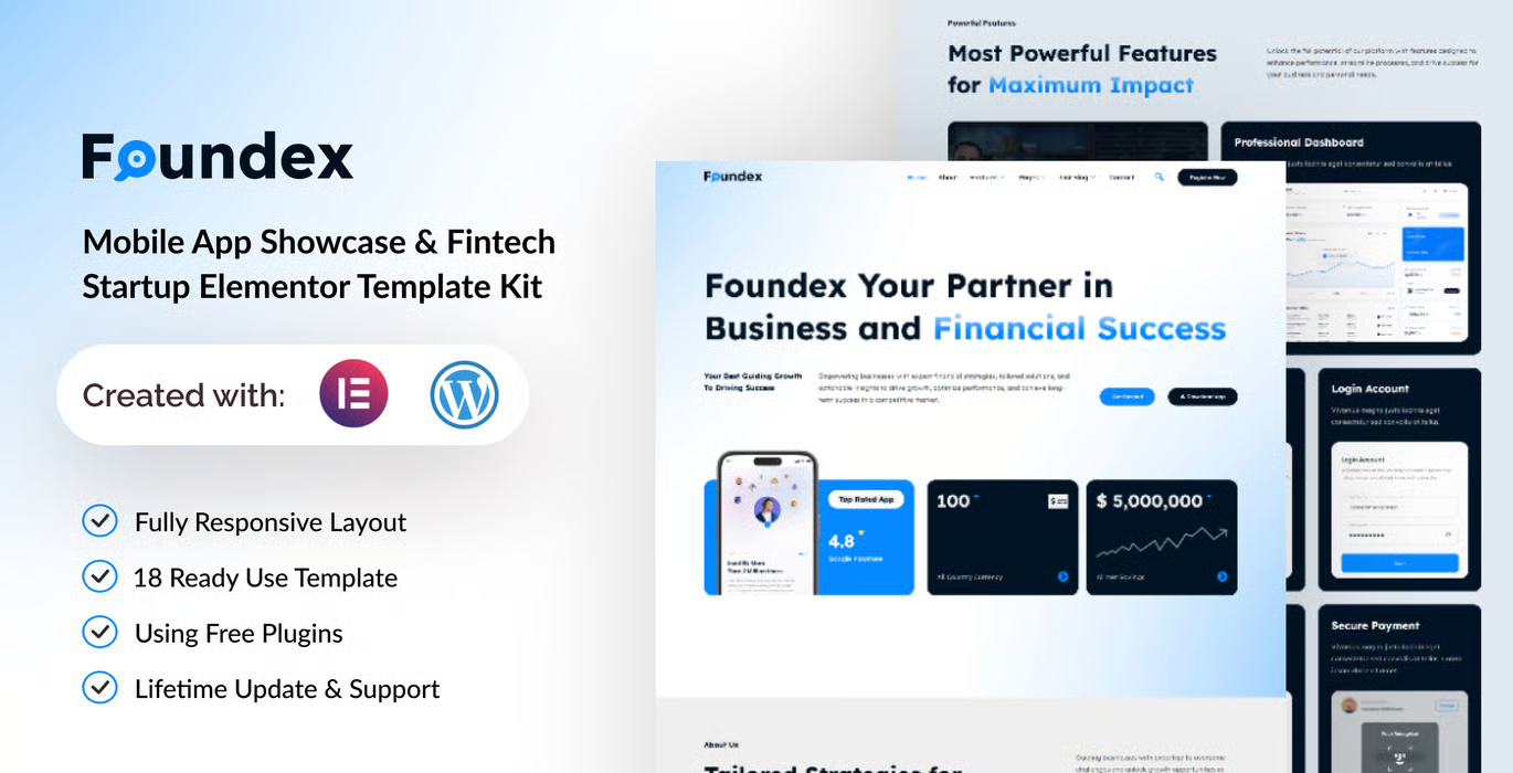 Foundex – Mobile App Showcase & Fintech Startup Elementor Template Kit