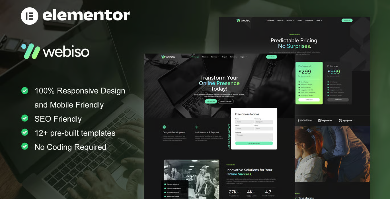 Webiso – Digital Agency Elementor Template Kit (Dark)